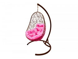 Подвесное кресло Кокон Овал ротанг каркас коричневый-подушка розовая