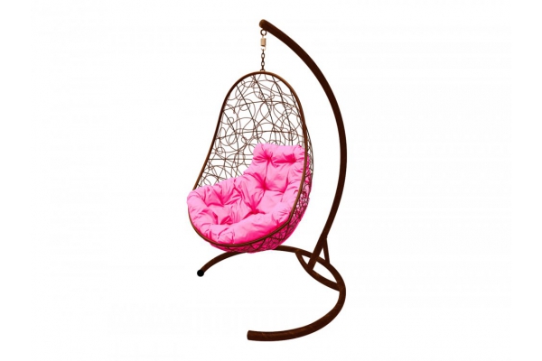 Подвесное кресло Кокон Овал ротанг каркас коричневый-подушка розовая