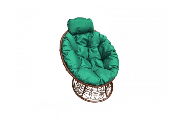 Кресло Папасан мини с ротангом каркас коричневый-подушка зелёная