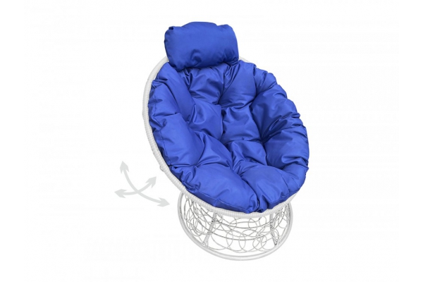 Кресло Папасан пружинка мини с ротангом каркас белый-подушка синяя